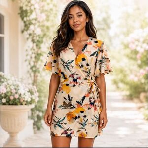 BCBGeneration Floral Mini Wrap Dress Juniors L V Neck Rayon Summer Event Party